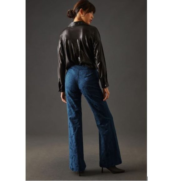 By Anthropologie Damask Jacquard Flare Pants in Navy - Size 6 - NWT - Picture 3 of 7